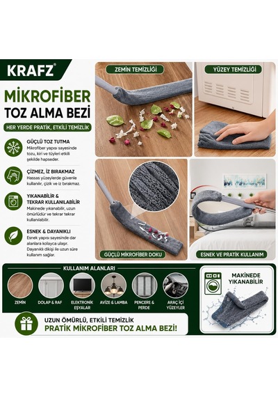Krafz Home Teleskopik 3'lü Mop Toz Alma Püskülü Çok Fonksiyonlu Temizlik Seti,boşluk Ve Tavan Temizliği İçin Uzayabilir Toz Alma Seti