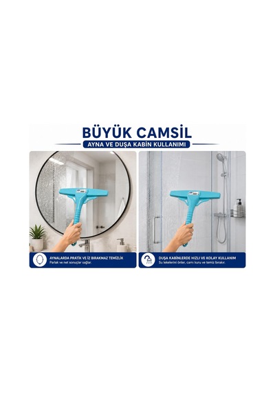 Büyük Cam Sil 33 Cm Profesyonel Silikon Cam Çekçek, Ayna, Duşakabin, Fayans Ve Araç Camı İçin İz Bırakmayan Cam Temizleme Aparatı Çekpas, Mop, Camsil, Çek Pas