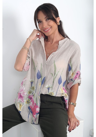 By Saygı Kadın İtalyan Etek Uçları Ve Kolları Büyük Çiçekli Oversize Cotton Gömlek Bej