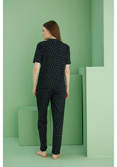 Siyah İnci Bürümcük Krınkıl Kumaş Örme Düğmeli Pijama Takım25118556 Çok Renkli