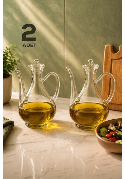 Porsima 5323 2li Borosilikat Cam İbrik Model Zeytinyağ Şişesi Takımı - 2li Yağlık Ve Sirkelik Seti 750ml+750ml Cam Şeffaf