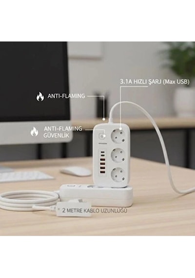 Akım Korumalı Priz Ve Masaüstü Şarj İstasyonu Kablosuz 3 Priz ,4 Usb, 2 Type-c Girişli 2 Metre 0-2