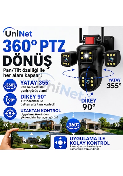 Uninet 9mp Wifi Ptz Kamera 3 Kameralı, 355 Derece Dönebilen Başlıklı, Renkli Gece Görüşü Ve Çift Yönlü Ses Özellikli