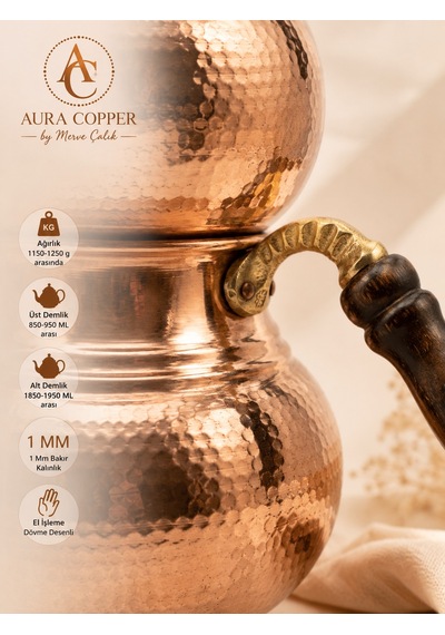 Aura Copper El İşlemeli Bakır Çaydanlık Seti 1 Mm Üst 850-950 Ml Alt 1850-1950 Ml 27 Cm Parlak Bakır