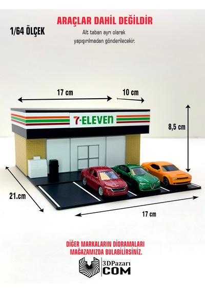 3d Baskı 1/64 Ölçekli 7 Eleven Bina Tasarımlı Diorama Araç Sergileme Garajı