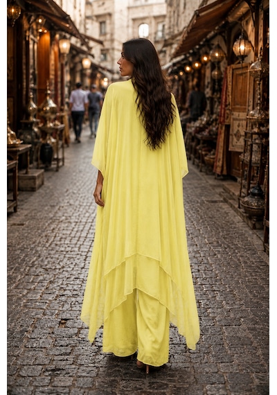 Bohem Stil Italyan Ipek Detaylı Oversize Kap Bluz- Wes Pantolon Takım Sarı