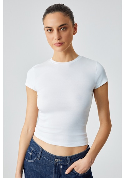Grimelange HOPEWELL Kadın Yuvarlak Yaka Örme Slim Fit Beyaz T-Shirt