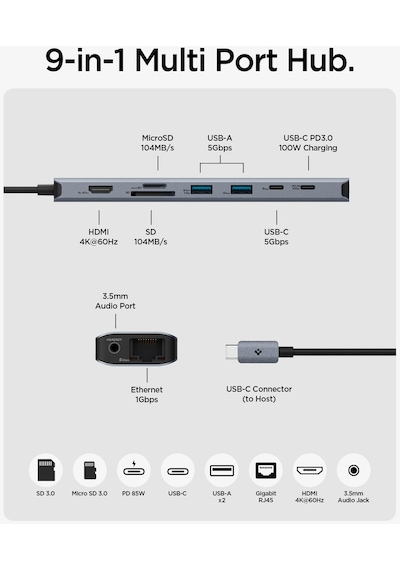 Spigen ArcDock 85W PD 3.0 9 in 1 USB-C Multi Hub Çoklayıcı Dönüştürücü Şarj Cihazı PD2306 - ACA06388