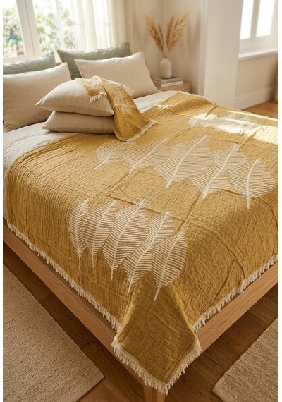 Müslin Pmuklu Çift Taraflı Kullanım 220 X 240cm Çift Kişilik Pike Camel