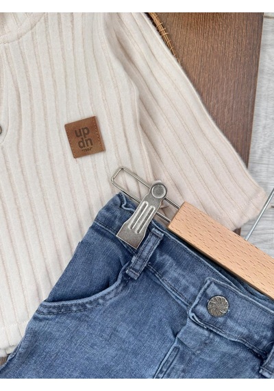 Bebicix Yumuşak Doku Sweatshirt Esnek Kot Pantalonlu Erkek Bebek 2'li Takım Krem