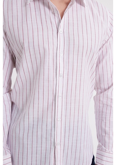 Tudors Erkek Slim Fit Dar Kesim Uzun Kollu %100 Pamuk Keten Doku Çizgili Gömlek-42650 Beyaz