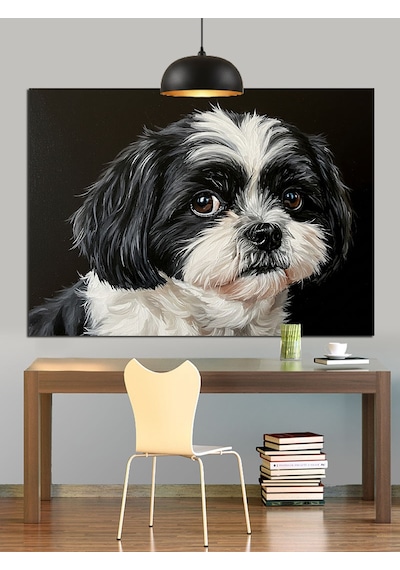 Shih Tzu Köpeği Siyah Beyaz Dekoratif Kanvas - Mdf Ahşap Tablo