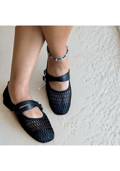 Ne&ve Shoes Siyah File Kadın Kare Burunlu Çapraz Bantlı Günlük Rahat Babet