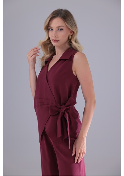 Genel Markalar Yandan Bağlamalı Kruvaze Modal Tencel Kumaş Bluz Gömlek Bordo Bordo