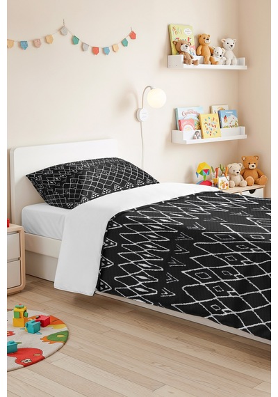 Siyah Etnik Geometrik Genç Odası Tek Kişilik Pike Takımı - Modern 160x220 Cm Kapitone Yatak Örtüsü Kışlık Vadi Kabuğu