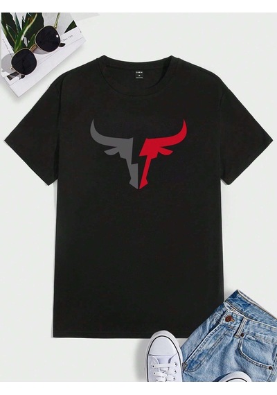 Boğa Sembol T-shirt - Siyah Baskılı Oversize Bisiklet Yaka Kısa Kol Tişört Siyah
