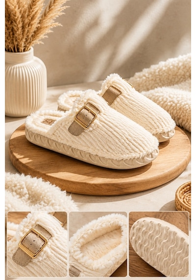 Muggo Clay İçi Kürklü Tokalı Peluş Kışlık Kadın Ev Terliği Bej