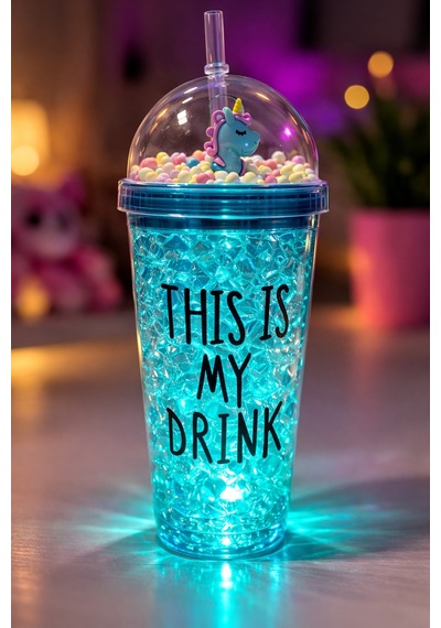 Sevimli Renkli Çılgın 450ml Led Işıklı This İs My Drink Temalı Pipetli İçecek Bardağı Suluk 2642mavi Mavi