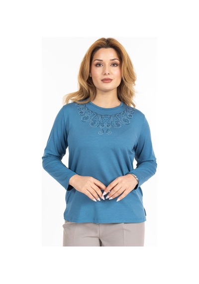 Mutlu City Yeni Model Taş İşlemeli Yuvarlak Yaka Likralı Anne Penye Bluz 6420 Açık Mavi