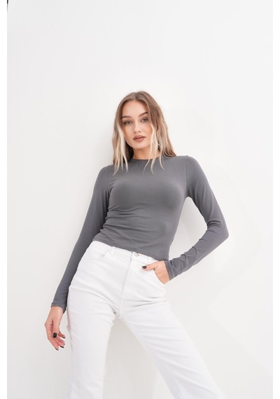 Likralı Pamuk Tişört-slim Fit -füme Füme