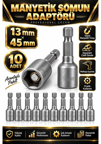 Manyetik Somun Adaptörü 13x45 Mm 10 Adet Lokma Bits Ucu Matkap Vi