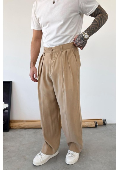 Bej Pileli Modal Kumaş Baggy Pantolon Bej