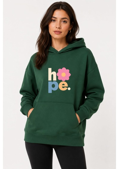 Herkesemoda Hope Çiçek Baskılı Kapüşonlu 2 İplik Şardonlu Sweatshirt Yeşil