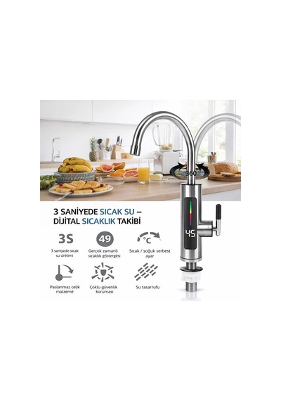Dailytech 3000w Elektrikli Anında Su Isıtmalı Musluk Dijital Sıcaklık Göstergeli 360 Döner Çok Renkli