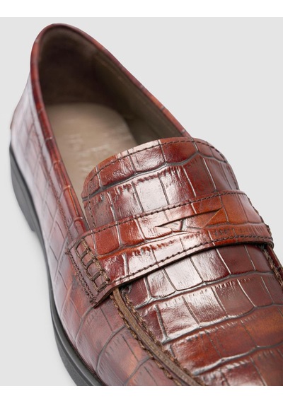 %100 Hakiki Deri Kahverengi Croco Desen Kadın Loafer Kahverengi