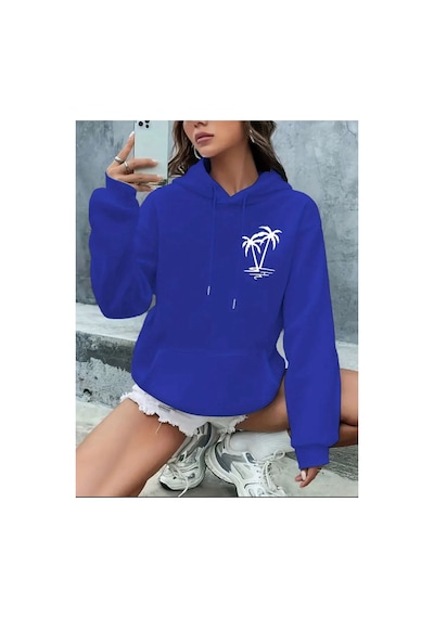 Medinenur Palmiye Baskılı Cepli Kapüşonlu Sweatshirt Lacivert