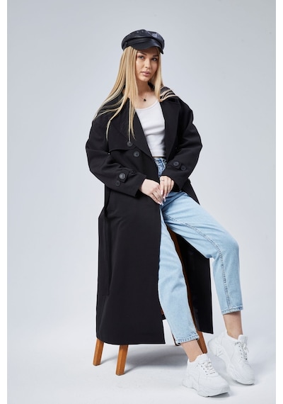Oversize Rüzgarlık Detaylı Trençkot Siyah