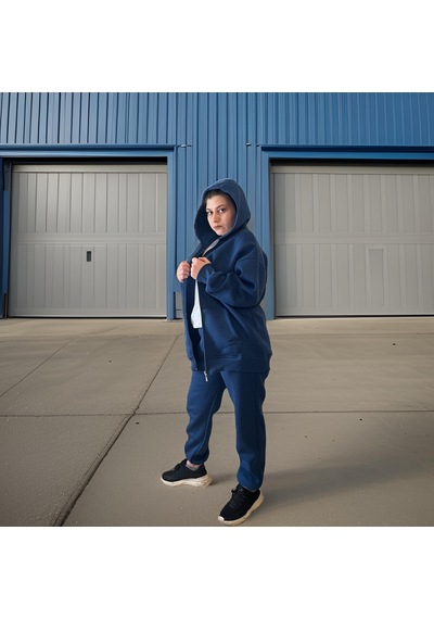 Ceyss Design Unisex Üç İplik Şardonlu Kapüşonlu Hırkalı Eşofman Takımı-indigo İndigo