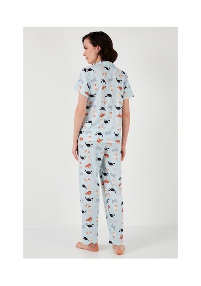 Lela Desenli Kısa Kollu Beli Lastikli Gömlek Yaka Dokuma Regular Fit Bayan Pijama Takımı 6571010 Mint
