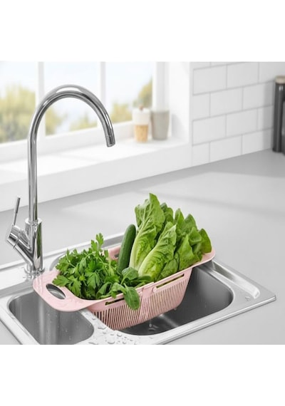 Sürgülü Ayarlanabilir Pratik Lavabo Süzgeci, Ayarlı Evye, Meyve Sebze Salata Yıkama Süzgeci 3 Renk Çok Renkli