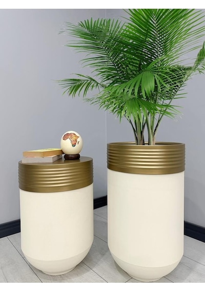 Elegant Dekoratif Eskitme Darbuka Krem Saksı 70cm + Sehpa 60cm İkili Set