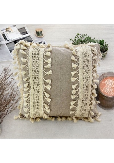 Dnc Home Tekstil Ndchome Bej Keten Kalın Dantel Ponponlu Kırlent Kırlent Kılıfı 43 X 43