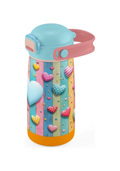 Puccon 420 Ml Turkuaz Pembe Kız Çocuk Kalp Desenli Çelik Matara - 60012