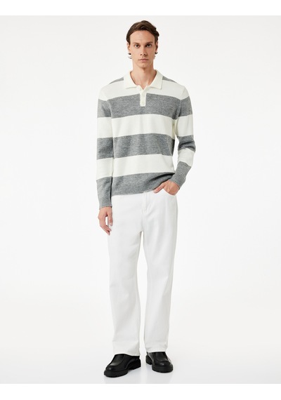 Koton Regular Fit Uzun Kollu Polo Yaka Triko Kazak Gri Çizgili 6wam70012ht Gri Çizgili