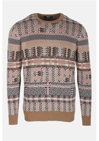 Erkek Triko Camel Bisiklet Yaka Desenli Slim Fit Pamuklu Kazak Ncs Jeans 3721-camel Camel