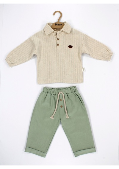 Babyhola Polo Yaka Bayramlık Erkek Bebek İkili Alt Üst Takım Set 2222 Yeşil