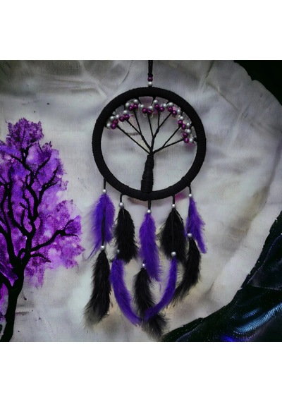 Özel Üretim Dekoratif El Yapımı Duvar Süsü Rüya Kapanı Mor İncili Hayat Ağacı Dream Catcher