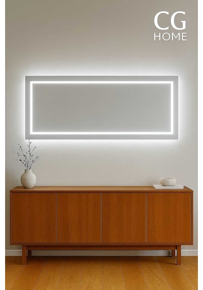 Biga Ledli Ayna, Dekoratif Ayna, Led Ayna, Salon Aynası, Konsol Aynası 144x36 Cm 140 Beyaz