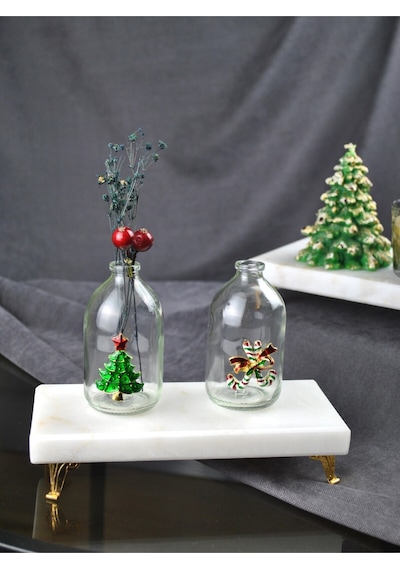 2'li Mini Yılbaşı Aksesuarlı Küçük Vazo 9 Cm New Year 100 Ml Yeni Yıl Çam Ağacı Şeker Kamışlı Obje Şeffaf