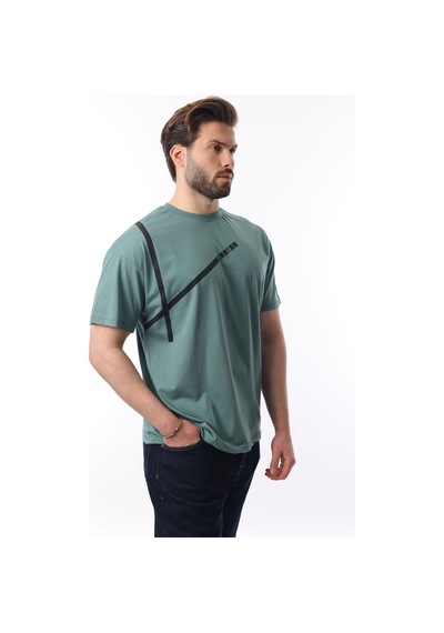 Madmext Yeşil Bisiklet Yaka Şerit Detaylı Pamuklu Erkek T-shirt E7033 Yeşil
