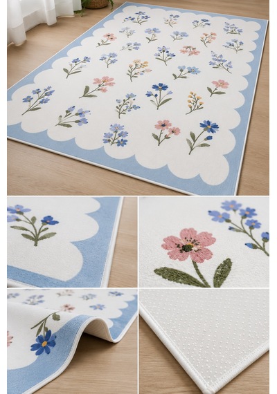 Renkli Floral Desen Mavi Çerçeveli Baskılı Kaymaz Yıkanabilir Salon Oturma Odası Mutfak Balkon Halısı Yolluk
