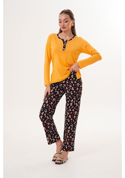Çift Kaplan Kadın Pamuk Modal Açık Patlı Sarı Pijama Takımı 7019 Sarı