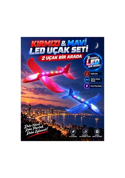 2 Li Led Işıklı Köpük Uçak Seti Kırmızı & Mavi Hafif Dayanıklı Fırlatma Uçağı Açık Hava Oyuncağı - 921732546