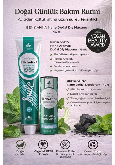 Ben & Anna Mint Doğal Bakım Nane Aromalı Florürlü Diş Macunu 75 Ml + Doğal Deodorant 40 G Vegan