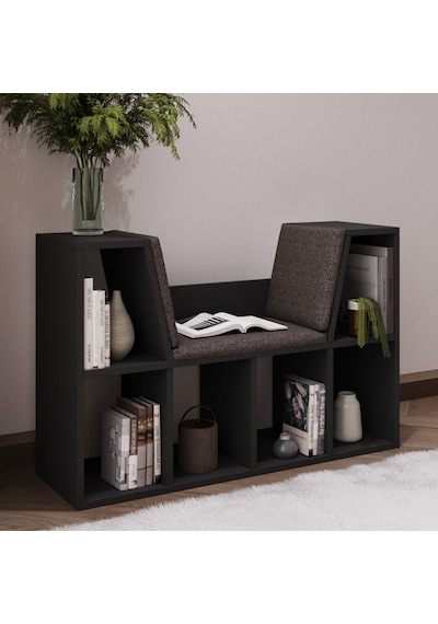 Livora Minderli Kitaplık - Oturma Alanlı 103 Cm Minimalist Tasarım Antrasit