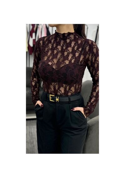 Moda Banuş Kahverengi Dantelli Balıkçı Dik Yaka Uzun Kol Body Bej